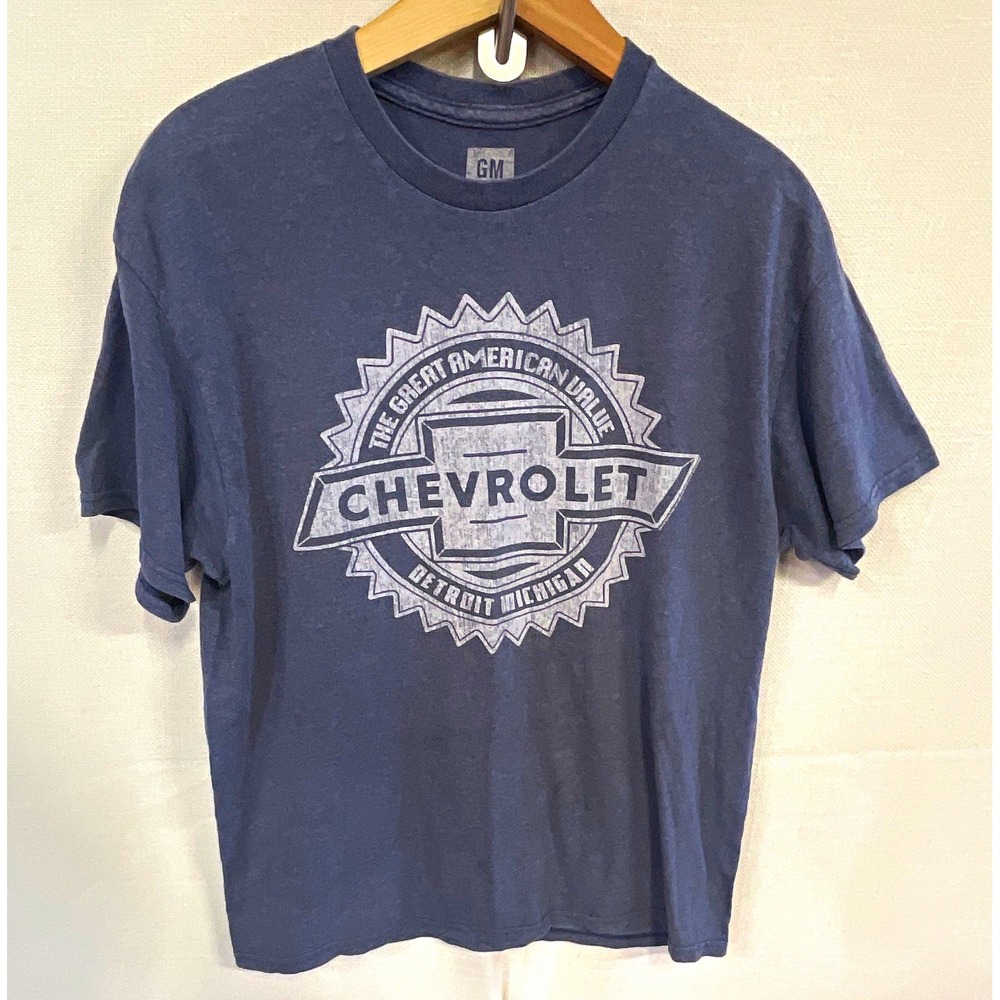GM Chevrolet Graphic Print T-Shirt Men's L Blue Crew Neck Short Sleeve Knit